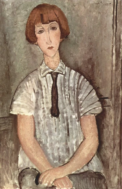 Reprodukcja Madchen mit Bluse, Amedeo Modigliani - Wzór graficzny. Postać kobieca w białej bluzie z ciemnym krawatem