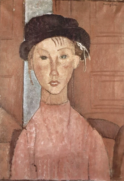 Reprodukcja Madchen mit Hut, Amedeo Modigliani - Wzór graficzny. Postać kobieca z jasnym kapeluszem, prostą twarzą