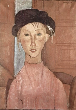 Reprodukcja Madchen mit Hut, Amedeo Modigliani - Wzór graficzny. Postać kobieca z jasnym kapeluszem, prostą twarzą