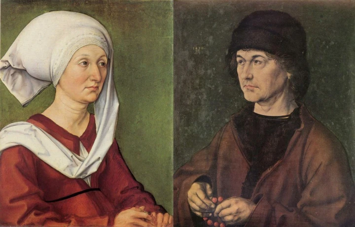 Reprodukcja Portrait Diptych of Durers Parents, Albrecht Durer - Wzór graficzny. Dwie postacie w strojach z epoki