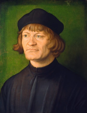 Reprodukcja Portrait of a Clergyman, Albrecht Durer - Wzór graficzny. Mężczyzna w czarnym ubraniu i kapeluszu na zielonym