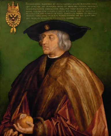 Reprodukcja Portrait of Emperor Maximilian I, Albrecht Durer - Wzór graficzny. Mężczyzna w czarnym kapeluszu trzyma jabłko