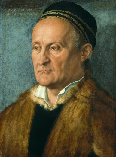 Reprodukcja Portrait of Jakob Muffel, Albrecht Durer - Wzór graficzny. Mężczyzna w futrze, z wyrazistym wyrazem twarzy