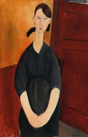 Reprodukcja Portrait of Paulette Jourdain, Amedeo Modigliani - Wzór graficzny. Postać kobiety w czarnej sukni z długimi