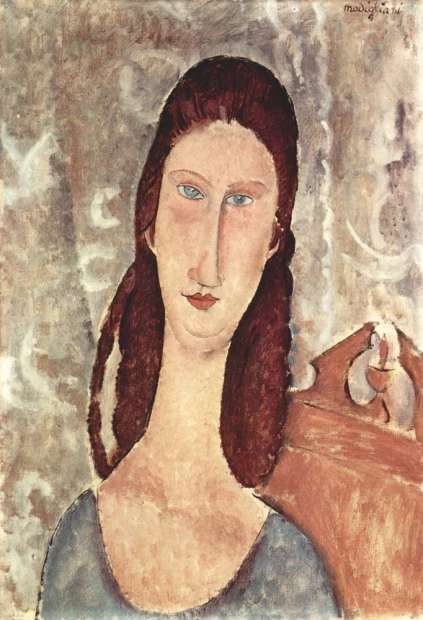 Reprodukcja Portrat der Jeanne Hebuterne, Amedeo Modigliani - Wzór graficzny. Postać kobieca z długimi włosami, wyrazistymi