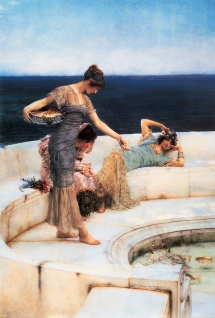 Reprodukcja Silver Favourites, Lawrence Alma-Tadema - Wzór graficzny. Trzy kobiety w strojach z epoki, jedna z koszem, dwie
