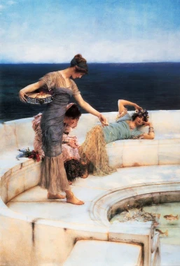 Reprodukcja Silver Favourites, Lawrence Alma-Tadema - Wzór graficzny. Trzy kobiety w strojach z epoki, jedna z koszem, dwie