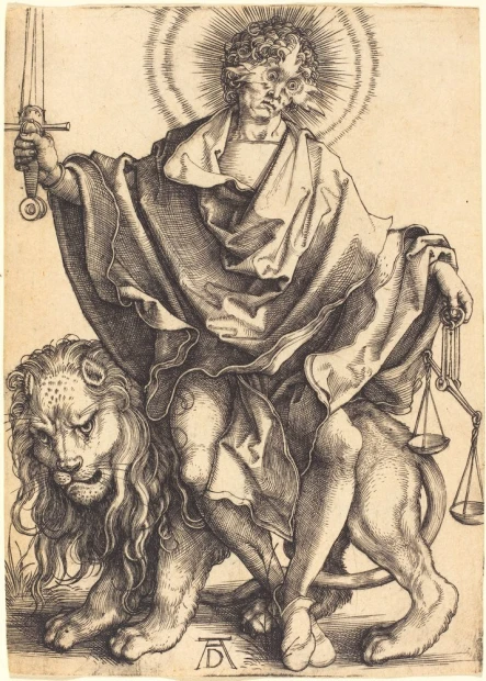 Reprodukcja Sun of Righteousness, Albrecht Durer - Wzór graficzny. Postać z mieczem i wagą siedzi na lwie, otoczona
