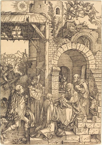 Reprodukcja The Adoration of the Magi, Albrecht Durer - Wzór graficzny. Scena przedstawia trzech mędrców, Maryję