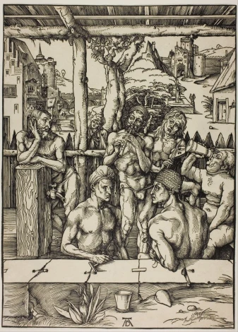Reprodukcja The Mens Bath, Albrecht Durer - Wzór graficzny. Mężczyźni w różnych pozach w drewnianym otoczeniu, z detalami