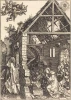 Reprodukcja The Nativity, Albrecht Durer - Wzór graficzny. Scena przedstawia narodziny Jezusa w stajence, z postaciami ludzi