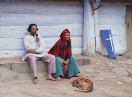 Reprodukcja Trumna chłopska Ostatnie Przed pogrzebem Przed chatą, Gierymski Aleksander