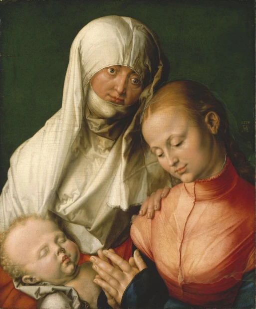 Reprodukcja Virgin and Child with Saint Anne, Albrecht Durer - Wzór graficzny. Przedstawia trzy postacie: matkę, dziecko