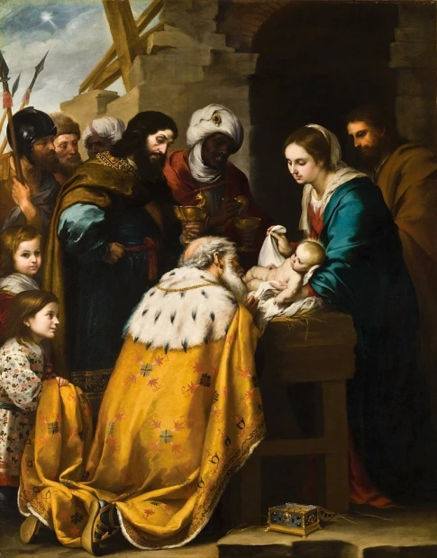 Reprodukcja Adoration of the Magi, Bartolome Esteban Murillo - Aranżacja w muzeum. Ściany w neutralnych kolorach, klasyczne