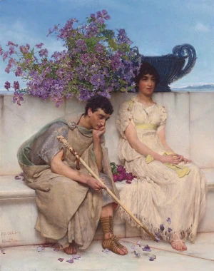 Reprodukcja An eloquent silence, Lawrence Alma-Tadema - Wzór graficzny. Dwoje ludzi siedzi na ławce, otoczeni kwiatami