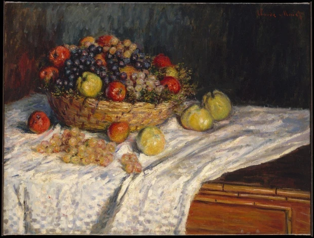 Reprodukcja obrazu Apples and Grapes Claude Moneta przedstawiająca kosz z owocami na jasnym obrusie