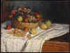 Reprodukcja Apples and Grapes, Claude Monet - Wzór graficzny. Kosz z owocami na białym obrusie, różne kształty owoców