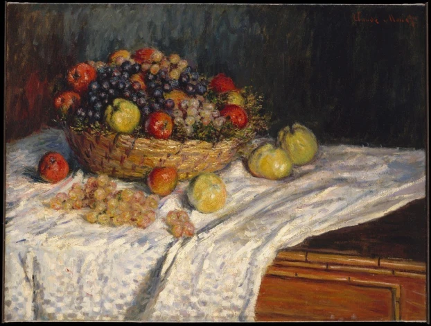 Reprodukcja Apples and Grapes, Claude Monet - Wzór graficzny. Kosz z owocami na białym obrusie, różne kształty owoców
