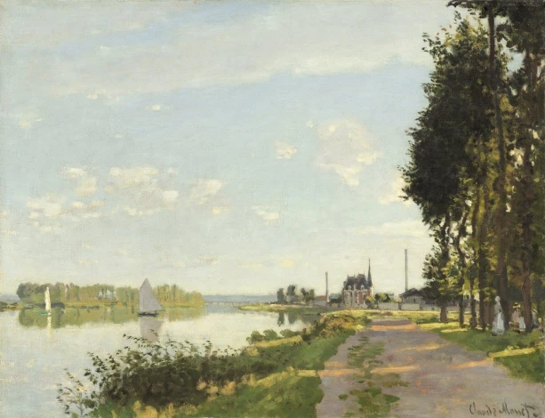 Reprodukcja Argenteuil, Claude Monet - Wzór graficzny. Obraz przedstawia rzekę z łodzią, domy i drzewa w tle