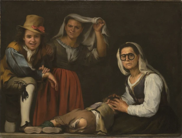 Reprodukcja Four Figures on a Step, Bartolome Esteban Murillo - Wzór graficzny. Cztery postacie w różnych pozach, z wyrazami