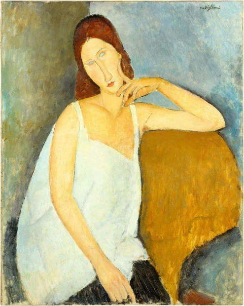 Reprodukcja Jeanne Hebuterne, Amedeo Modigliani - Wzór graficzny. Postać kobieca w białej bluzce, z ręką na brodzie