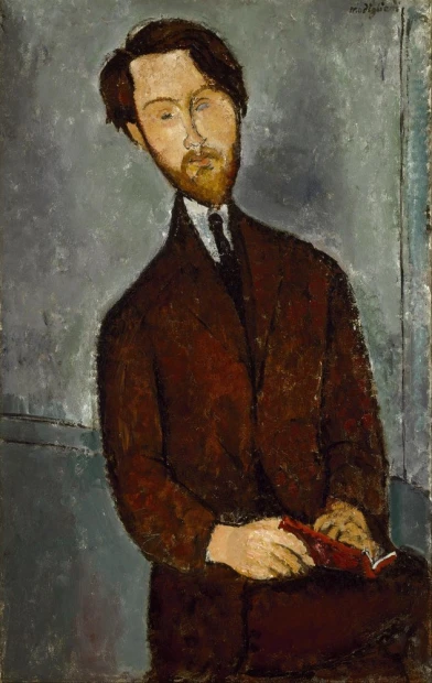 Reprodukcja Leopold Zborowski, Amedeo Modigliani - Wzór graficzny. Postać mężczyzny w ciemnym garniturze trzyma książkę, tło