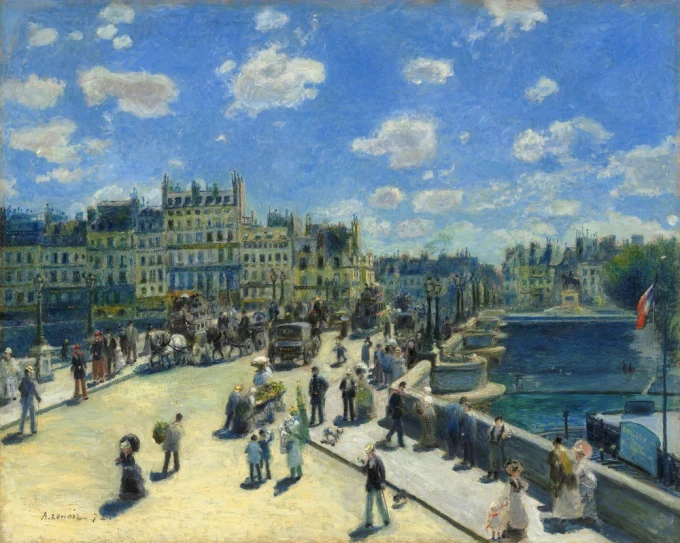 Reprodukcja Pont Neuf Paris, Renoir Auguste - Wzór graficzny. Malowniczy most z ludźmi, budynkami i niebem