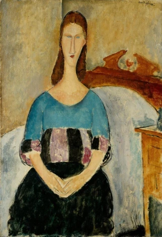 Reprodukcja Portrait of Jeanne Hebuterne, Seated, 1918, Amedeo Modigliani - Wzór graficzny. Postać kobiety w niebieskiej
