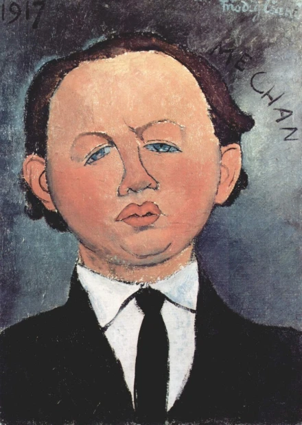 Reprodukcja Portrait of Mechan, Amedeo Modigliani - Wzór graficzny. Obraz przedstawia portret mężczyzny z dużą głową