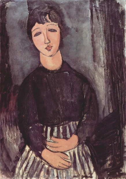 Reprodukcja Portrat einer Zofe, Amedeo Modigliani - Wzór graficzny. Postać kobieca z dużymi oczami i prostym ubraniem