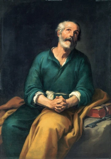 Reprodukcja Saint Peter in Tears, Bartolome Esteban Murillo - Wzór graficzny. Postać mężczyzny w zielonej szacie z żółtym