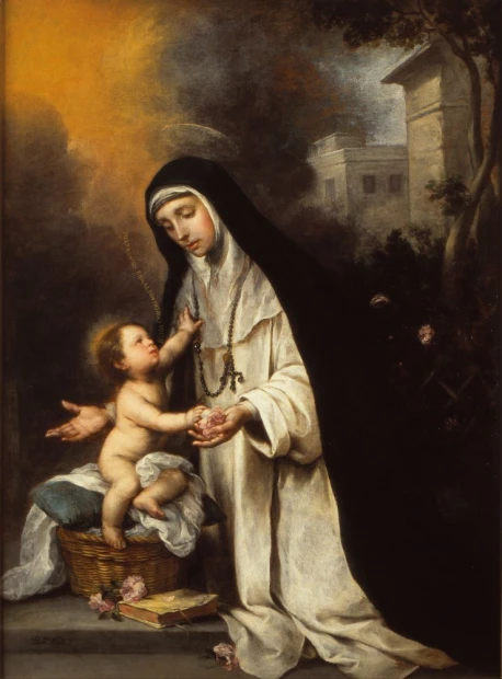 Reprodukcja Santa Rosa de Lima, Bartolome Esteban Murillo - Wzór graficzny. Postać matki z dzieckiem w koszyku, otoczenie