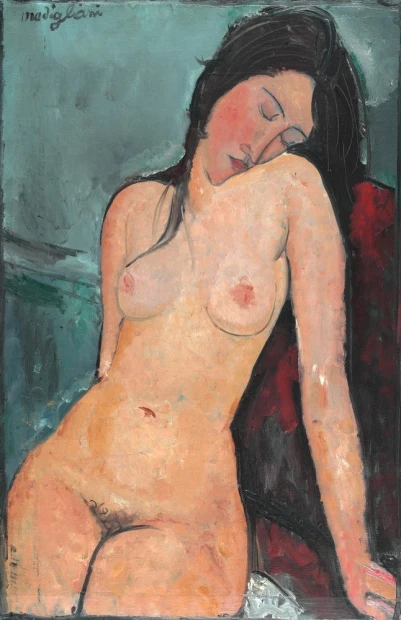 Reprodukcja Seated Nude, Amedeo Modigliani - Wzór graficzny. Postać kobieca w pozycji siedzącej, z zamkniętymi oczami