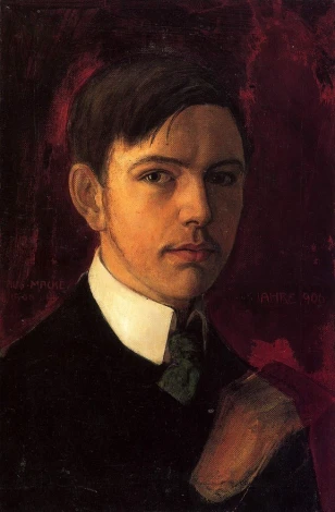 Reprodukcja Self-portrait, August Macke - Wzór graficzny. Mężczyzna z krótkimi włosami, w ciemnym ubraniu, z zielonym