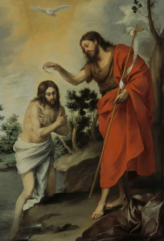 Reprodukcja The Baptism of Christ, Bartolome Esteban Murillo - Wzór graficzny. Postacie w wodzie, symboliczne gesty, zieleń