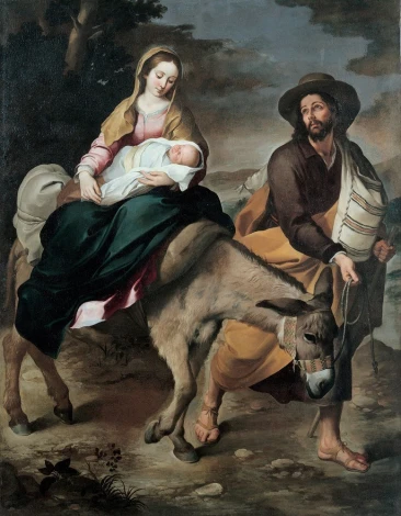 Reprodukcja The Flight into Egypt, Bartolome Esteban Murillo - Wzór graficzny. Postacie Maryi i Józefa na osiołku, w tle