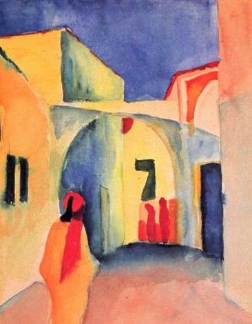 Reprodukcja View into a Lane, August Macke - Wzór graficzny. Obraz przedstawia wąski zaułek z kolorowymi budynkami
