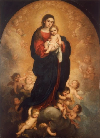 Reprodukcja Virgin and Child in Glory, Bartolome Esteban Murillo - Wzór graficzny. Postać Matki Boskiej z Dzieciątkiem