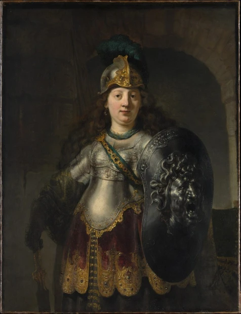 Reprodukcja Bellona, Rembrandt - Wzór graficzny. Postać kobiety w zbroi trzymająca tarczę z wizerunkiem twarzy
