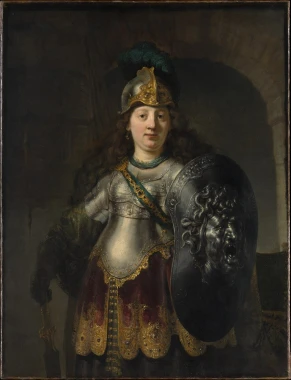 Reprodukcja Bellona, Rembrandt - Wzór graficzny. Postać kobiety w zbroi trzymająca tarczę z wizerunkiem twarzy