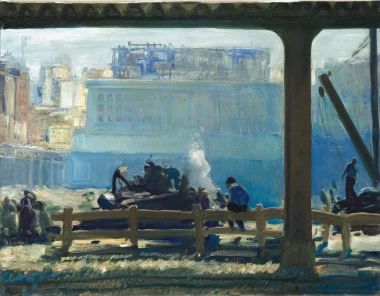 Reprodukcja Blue Morning, George Bellows - Wzór graficzny. Obraz przedstawia scenę portową z postaciami i łodzią na tle