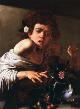 Reprodukcja Boy Bitten by a Lizard, Michelangelo Caravaggio - Wzór graficzny. Chłopiec z wyrazem zdziwienia, trzymający