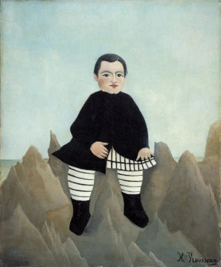 Reprodukcja Boy on the Rocks, Henri Rousseau - Wzór graficzny. Postać chłopca w czarnym ubraniu siedzi na szczycie