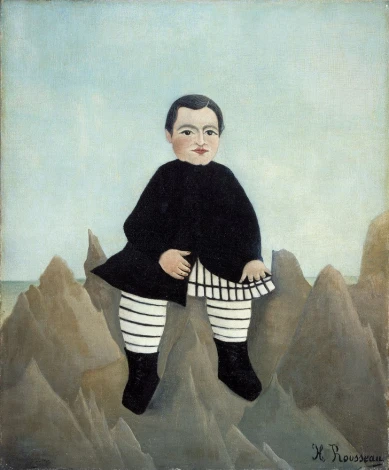 Reprodukcja Boy on the Rocks, Henri Rousseau - Wzór graficzny. Postać chłopca w czarnym ubraniu siedzi na szczycie