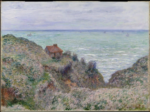 Reprodukcja Cabin of the Customs Watch, Claude Monet - Wzór graficzny. Obraz przedstawia dom na wzgórzu, morze i łodzie