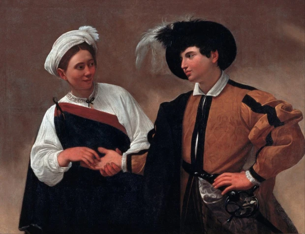 Reprodukcja Good Luck, Michelangelo Caravaggio - Wzór graficzny. Dwie postacie w strojach z epoki, mężczyzna i kobieta