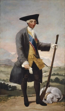 Reprodukcja King Charles III as a hunter, Francisco Goya - Wzór graficzny. Postać mężczyzny w eleganckim stroju z bronią