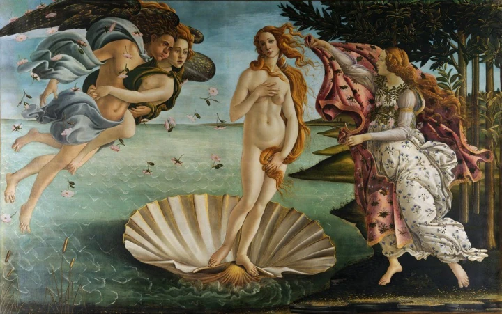 Reprodukcja La nascita di Venere, Sandro Botticelli - Wzór graficzny. Postacie kobiece na muszli, otoczone aniołami
