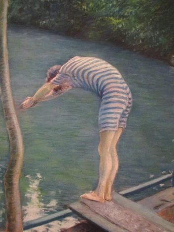 Reprodukcja Le Plongeur - detail, Gustave Caillebotte - Wzór graficzny. Postać mężczyzny w pasiastym stroju kąpielowym