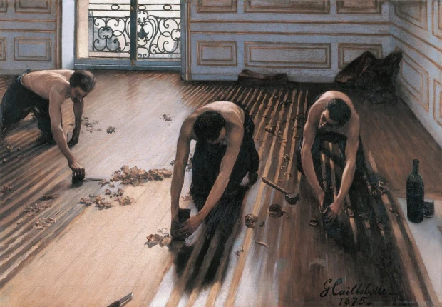 Reprodukcja obrazu Les Raboteurs de parquet Gustave\'a Caillebotte\'a przedstawiająca robotników cyklinujących podłogę